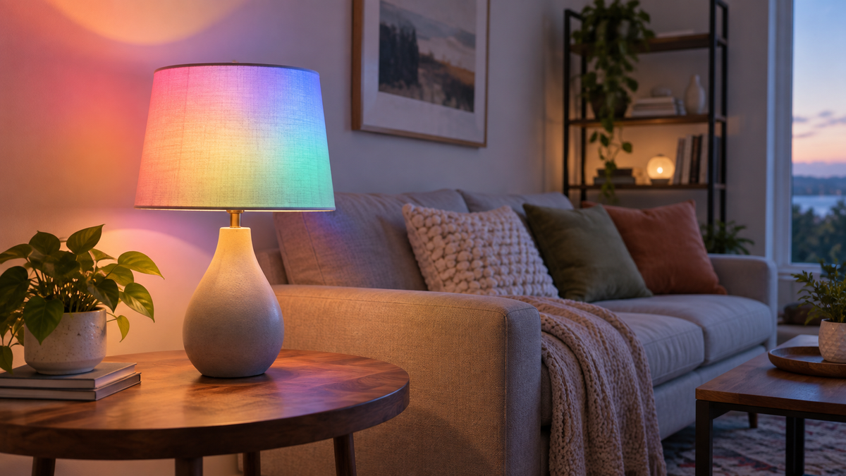 Unbranded E12 RGB bulb casting gentle colored light from a small lamp