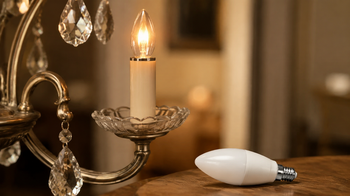 Unbranded E12 smart bulb beside a decorative light socket