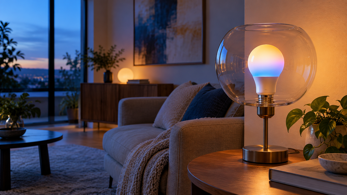Unbranded E26 color changing bulb illuminating a modern room with subtle colored light
