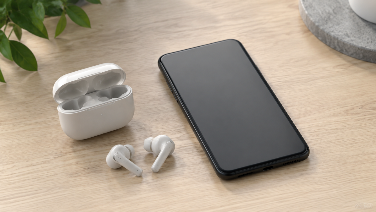 Unbranded wireless earbuds beside an Android-style smartphone