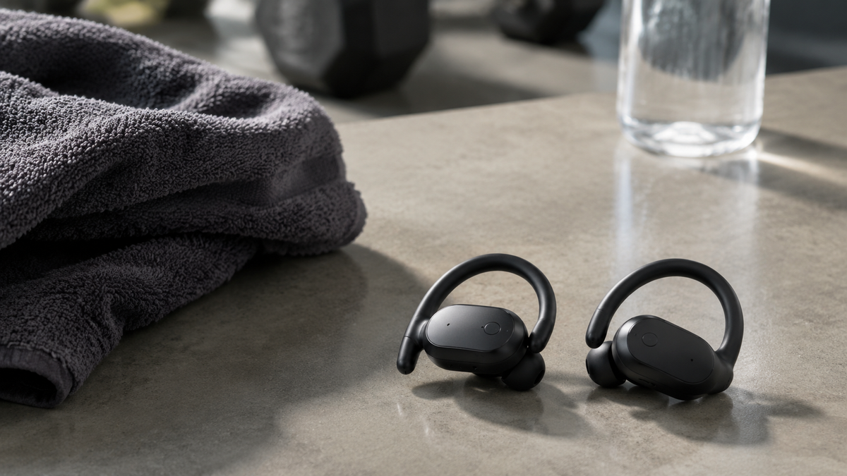 Unbranded wireless earbuds with secure ear hooks