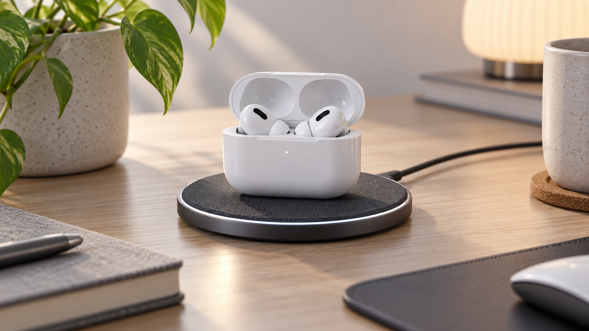 Unbranded earbuds in a charging case centered on a generic wireless charging pad