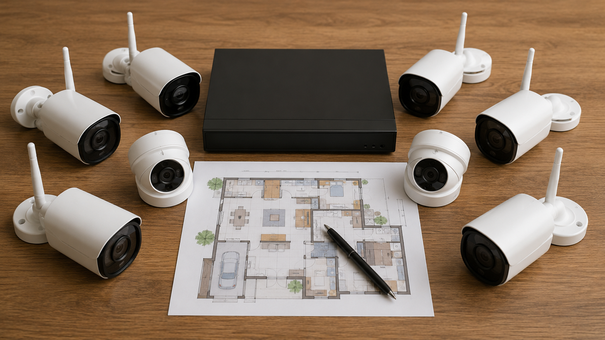Eight generic wireless security cameras arranged with an unbranded recorder and floor plan