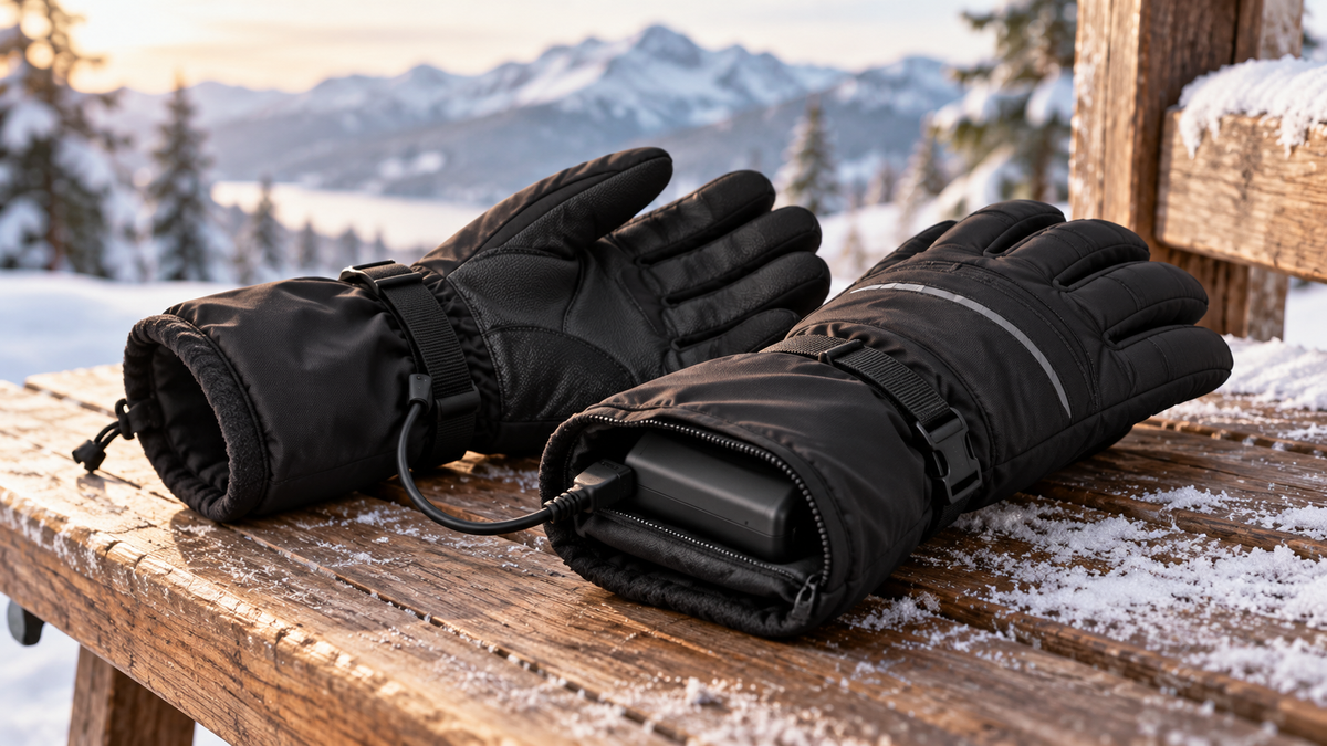Black electric heated gloves with a battery pocket on a snowy wooden bench