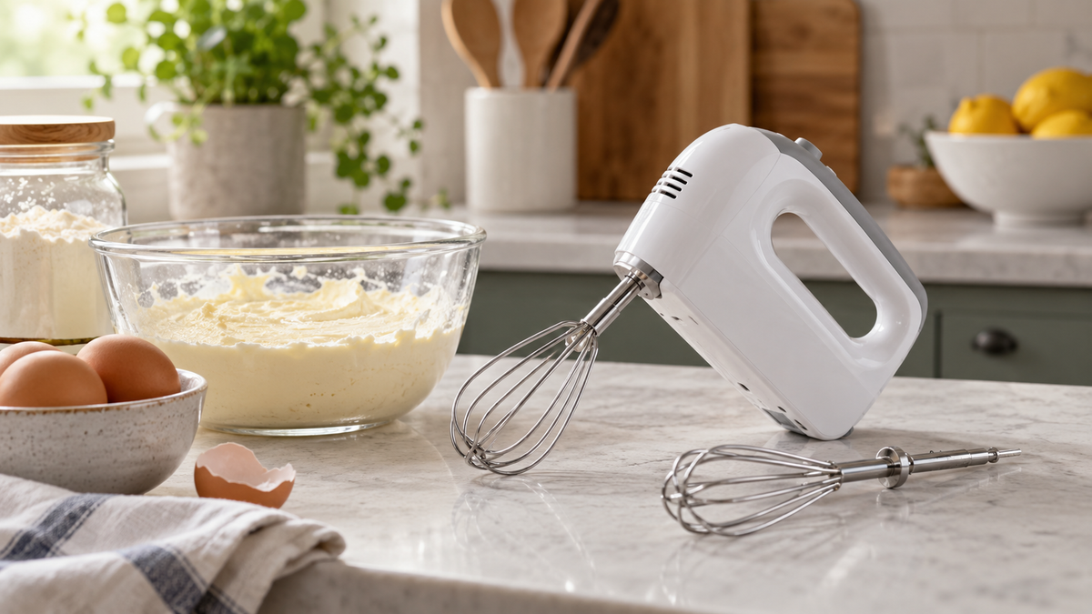 Unbranded compact electric portable mixer with simple attachments on a clean kitchen counter