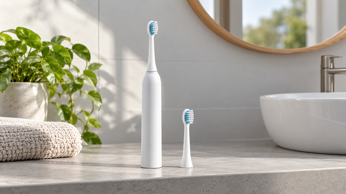 White electric toothbrush and spare brush head on a dry bathroom counter