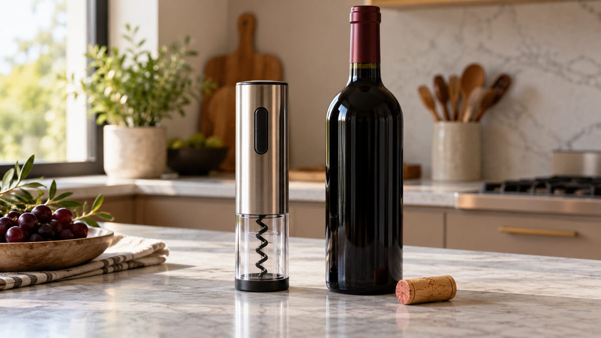 Electric wine opener beside an unlabeled bottle and a removed cork