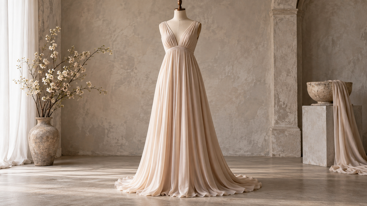 Empire waist dress on a dress form in a refined neutral studio