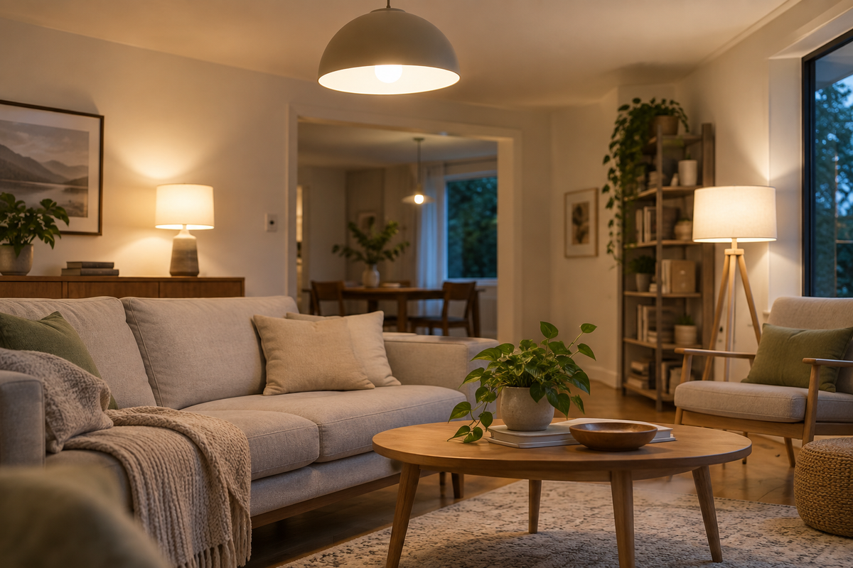 Unbranded energy-efficient smart bulbs illuminating a calm modern room