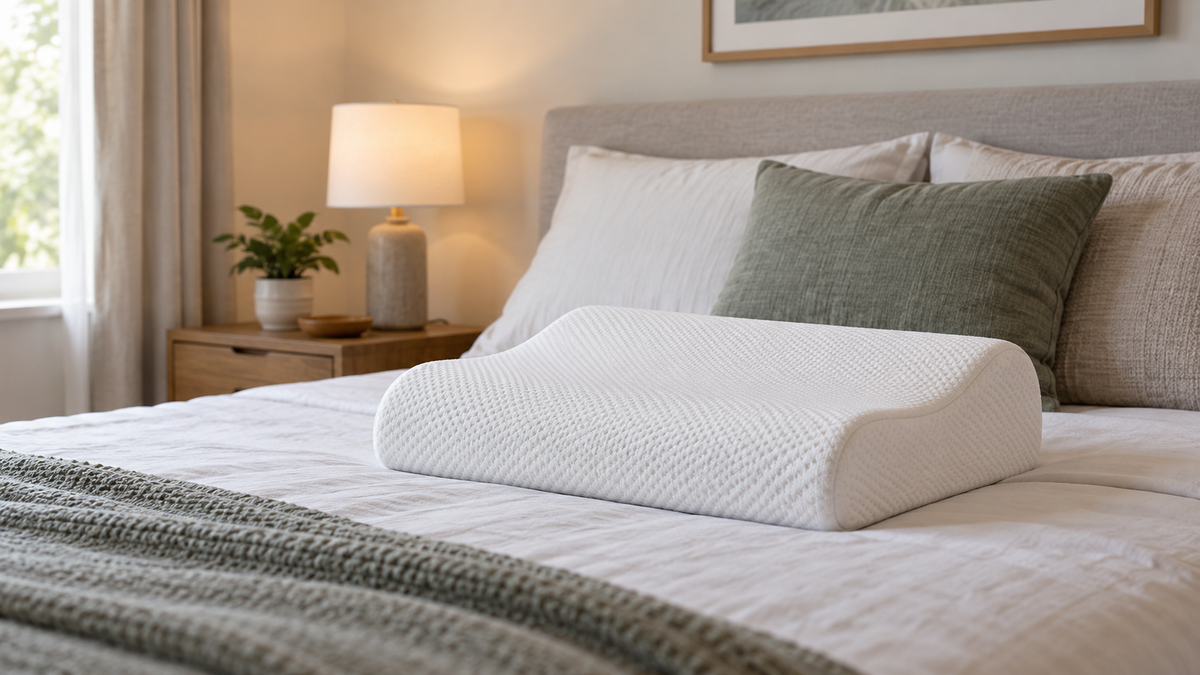 Ergonomic foam pillow on a neatly made neutral bed