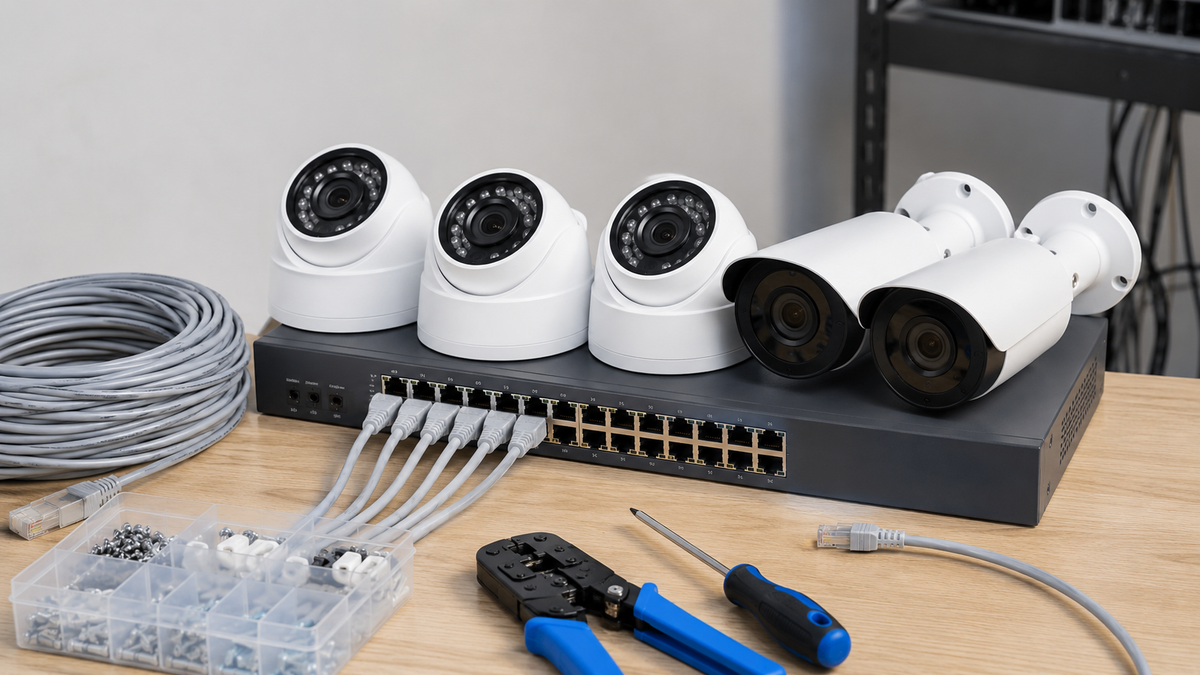 Unbranded Ethernet security cameras with network switch and cables