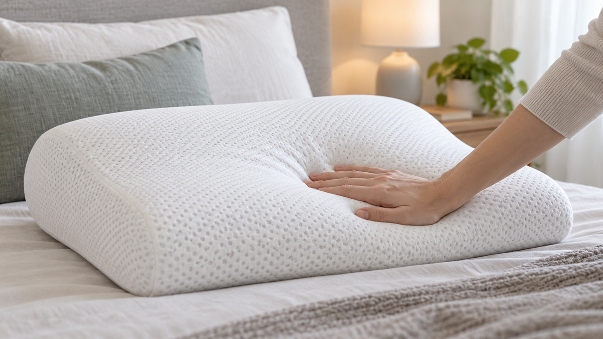 Unbranded extra soft memory foam pillow gently compressed on a neutral bed