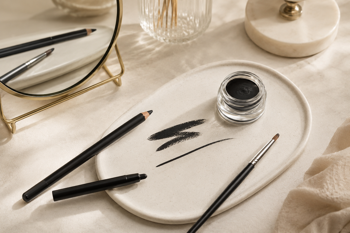 Unbranded eyeliner pencils, gel pot and fine brush on a clean makeup vanity