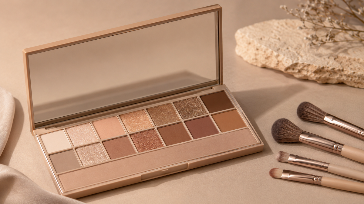 Neutral eyeshadow palette with makeup brushes in studio light