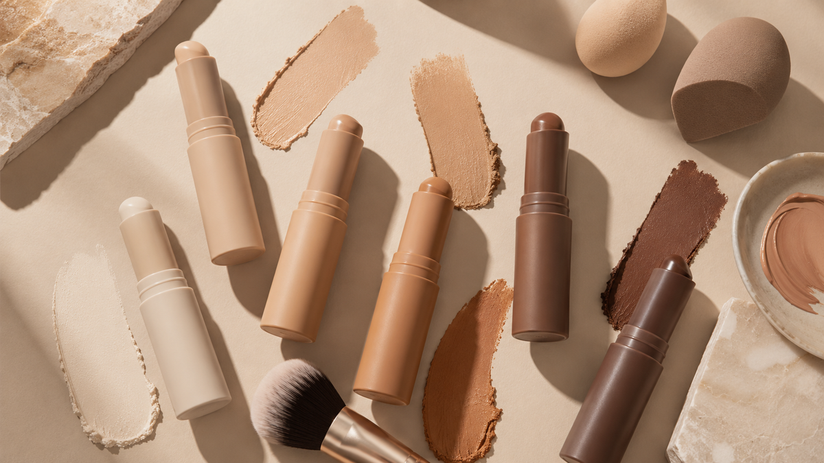 Unbranded eyeshadow sticks and neutral makeup swatches