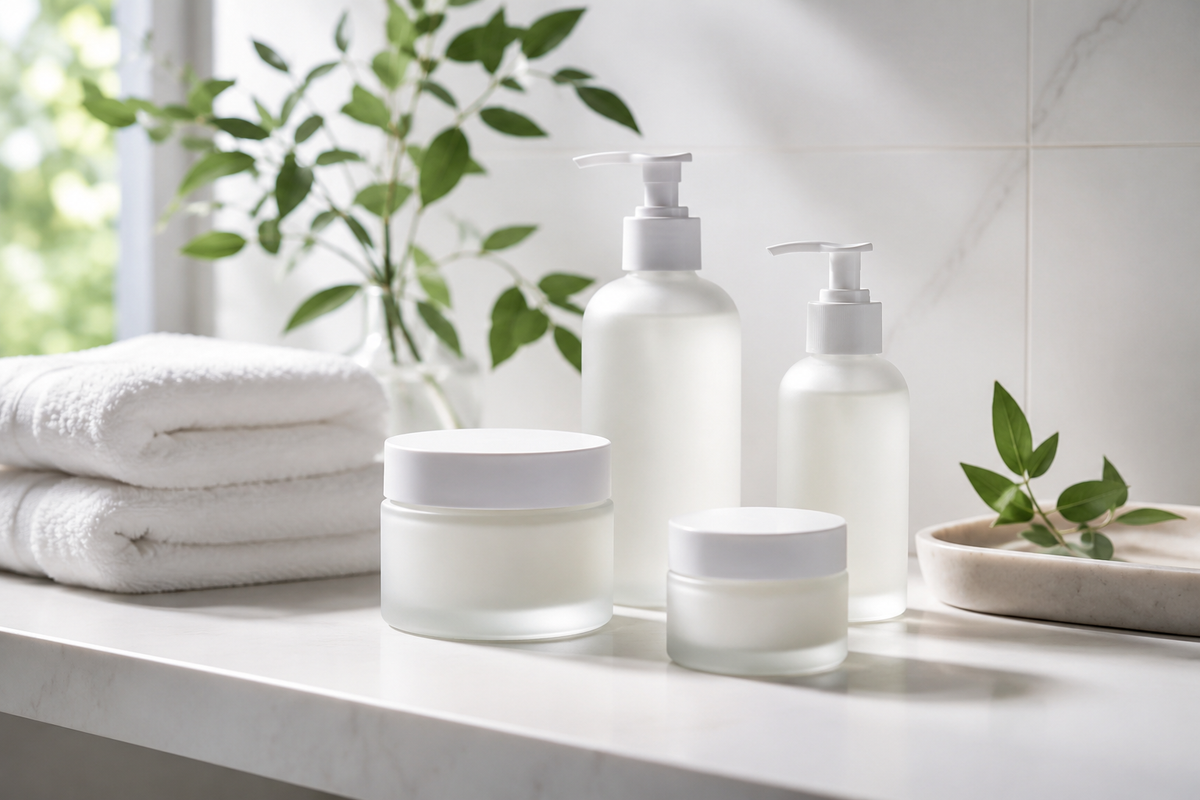 Plain unbranded face moisturizer jars and pump bottles on a clean bathroom shelf