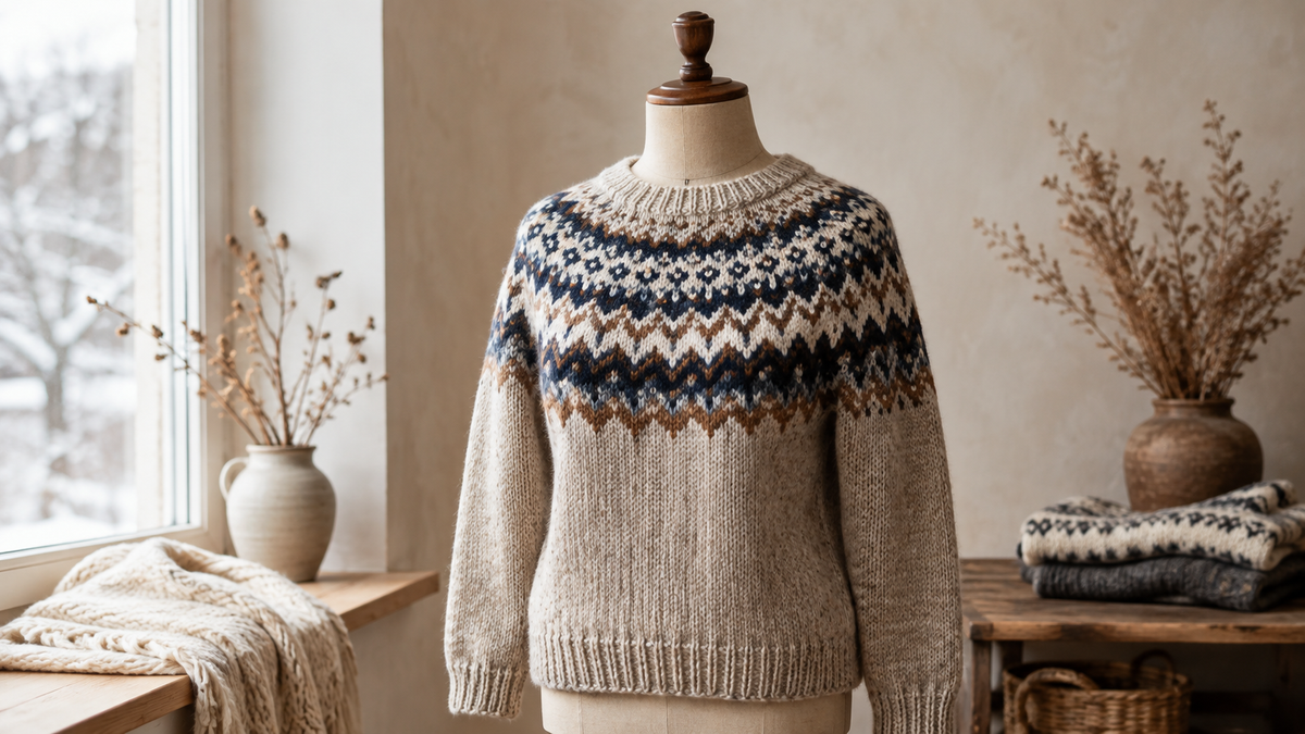 Fair Isle patterned sweater on a dress form in a warm winter studio