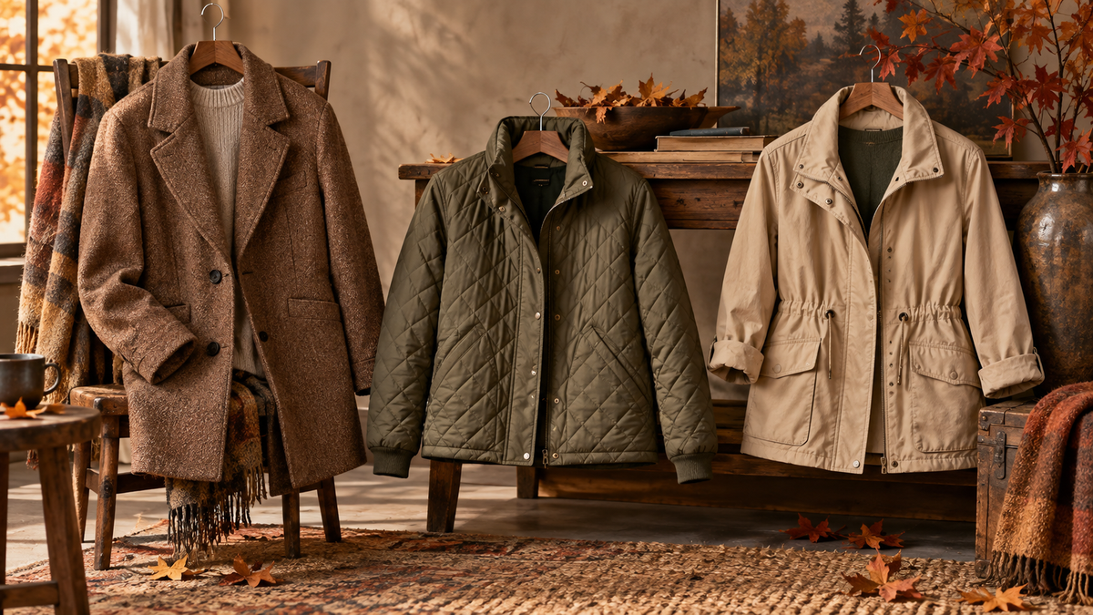 Three unbranded women's fall jackets in warm seasonal materials