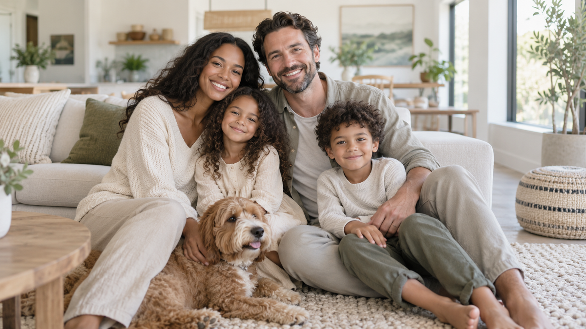 Family wearing coordinated neutral outfits in a bright home
