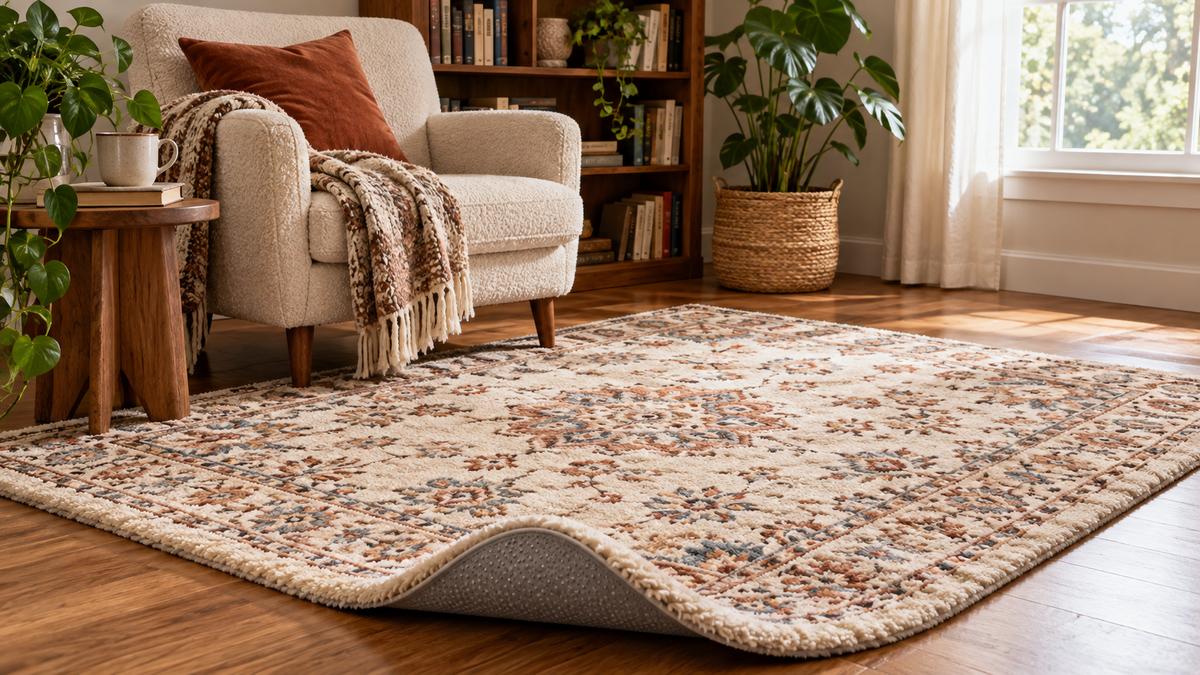 Plush faux cashmere floor mat placed beside a neutral sofa on a clean wood floor
