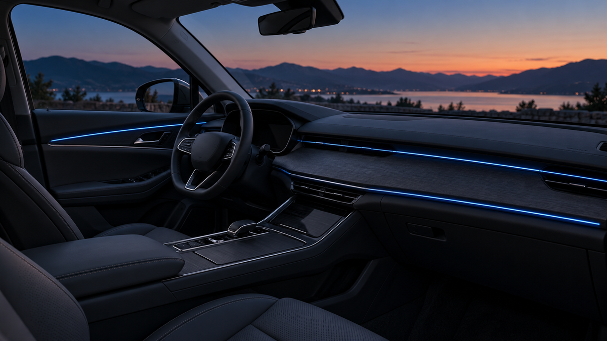 Subtle blue fiber optic accent lighting along a parked car dashboard and door