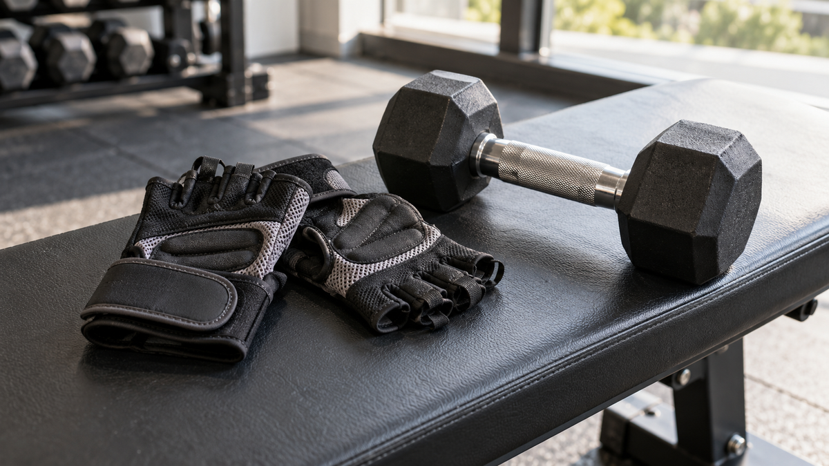 Fingerless padded gym gloves beside dumbbells on an exercise bench