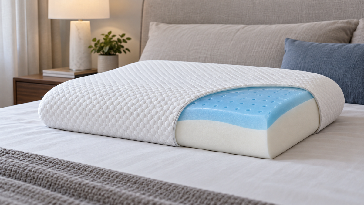 Firm gel pillow with a blue cooling layer visible through an unbranded cutaway display