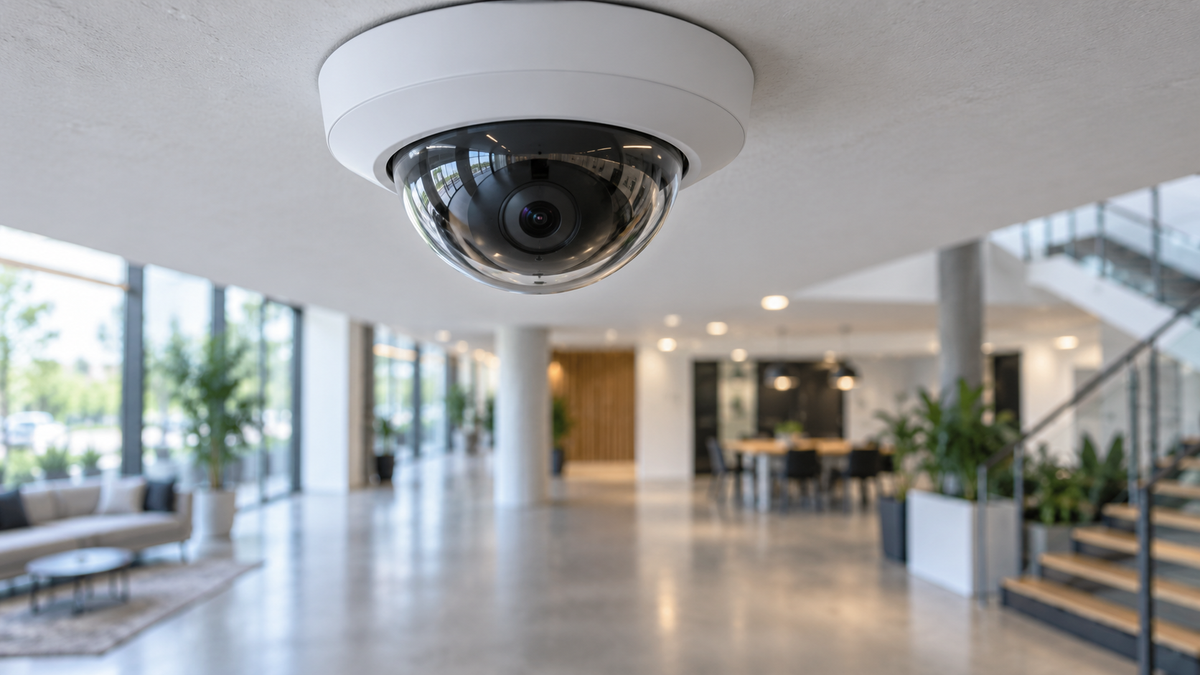 Ceiling-mounted fisheye security camera in a modern open interior