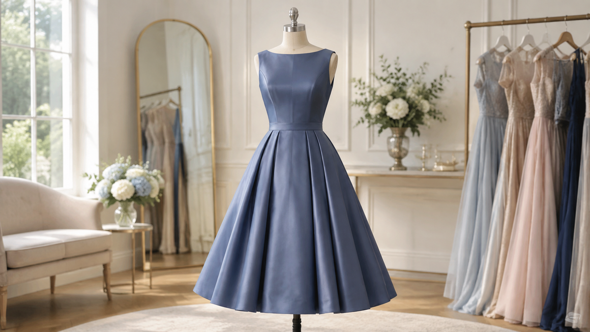 Blue fit-and-flare dress with a fitted bodice and full skirt on a dress form