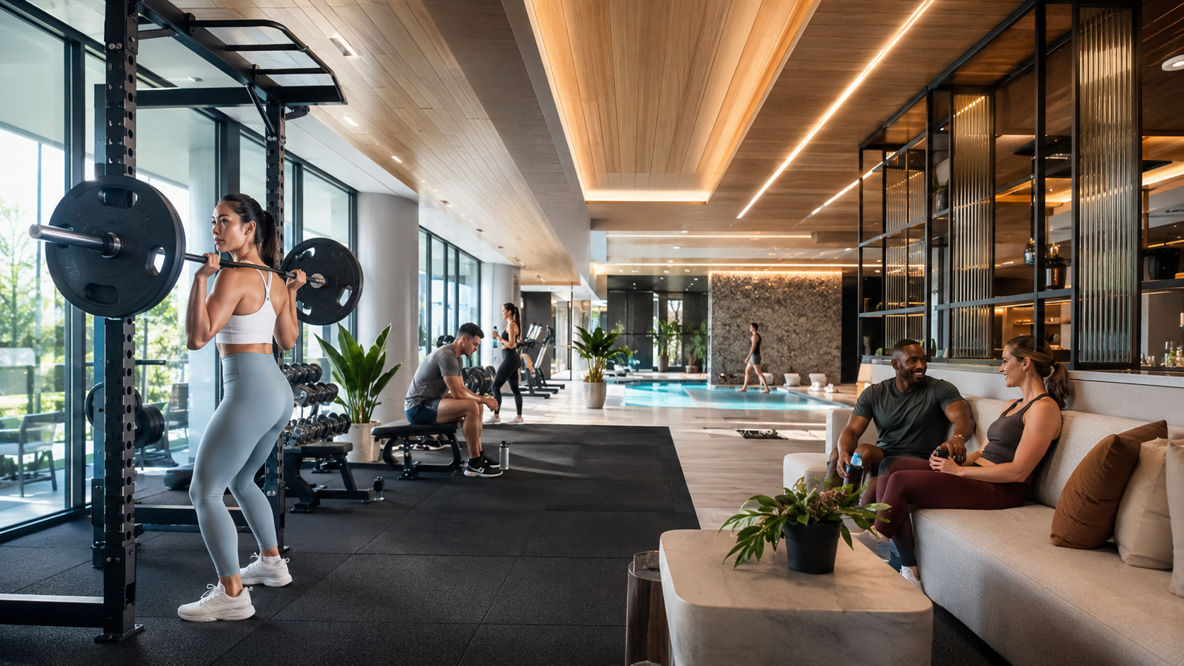 Premium fitness club with gym and pool facilities
