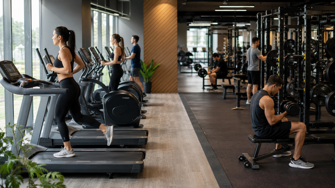 Cardio and strength areas in a modern fitness gym