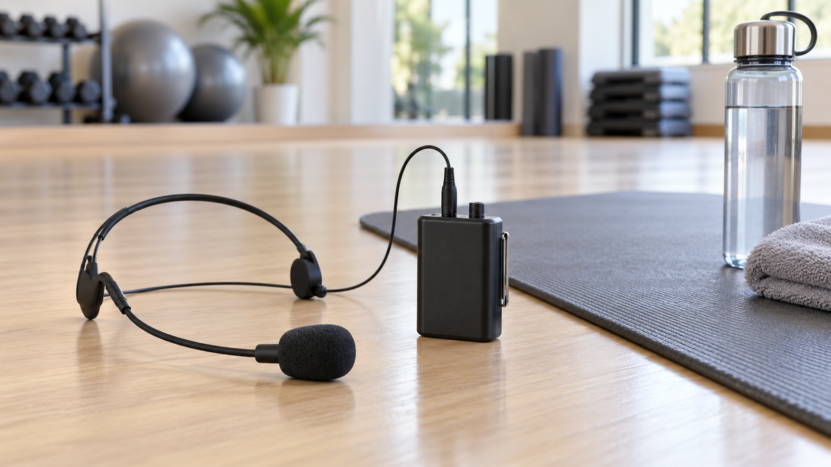 Fitness microphone headset and bodypack beside exercise studio equipment
