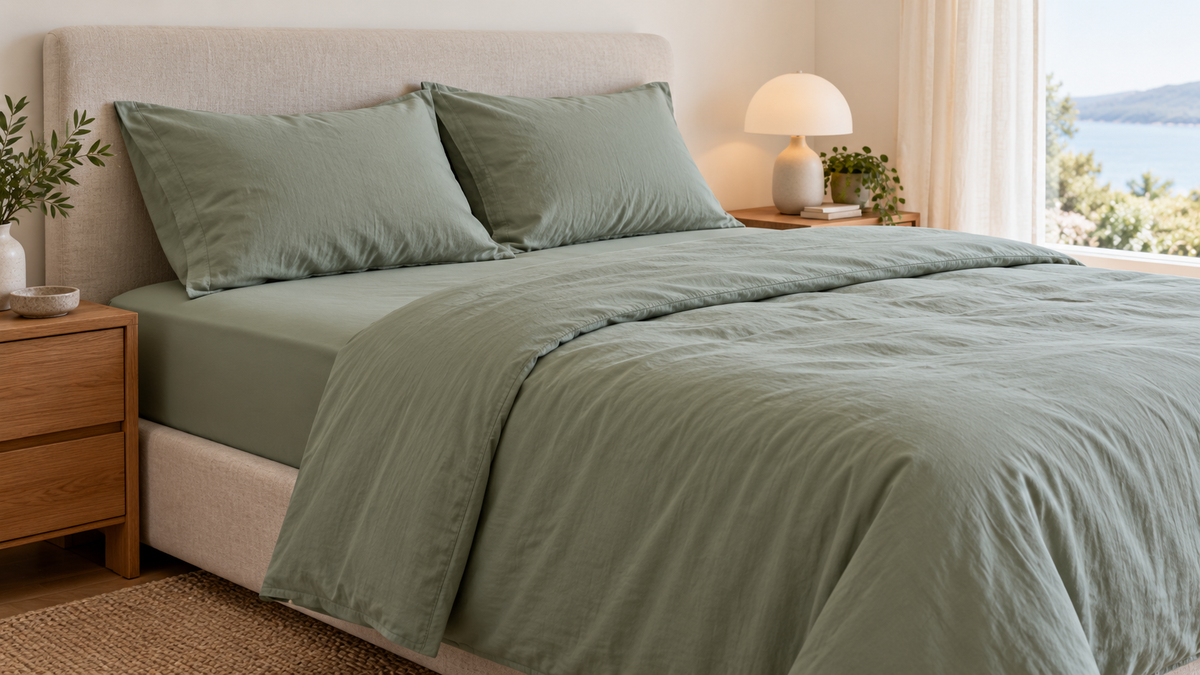 Sage green fitted bed sheet quilt cover and pillowcases arranged neatly on a modern bed