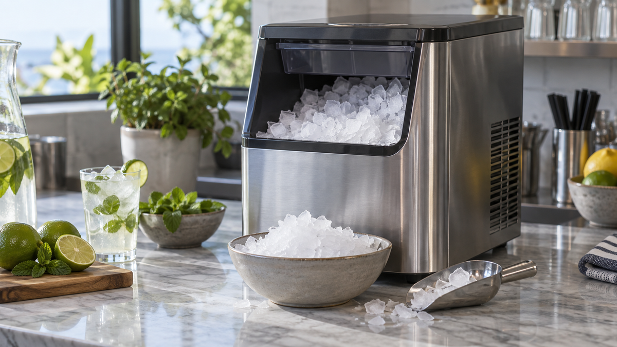 Unbranded countertop flake ice maker with fresh flake ice in a clean beverage preparation area