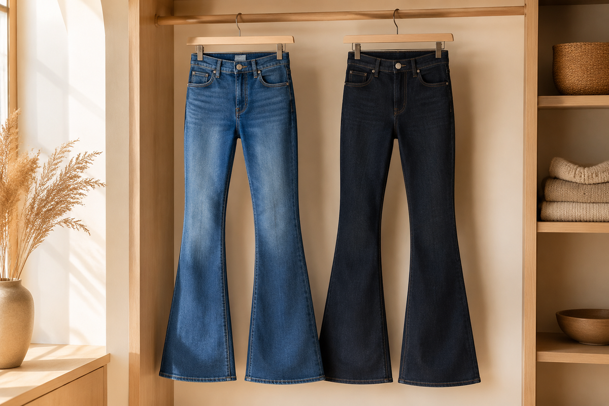 Classic blue and dark wash flare jeans hanging in a bright wardrobe