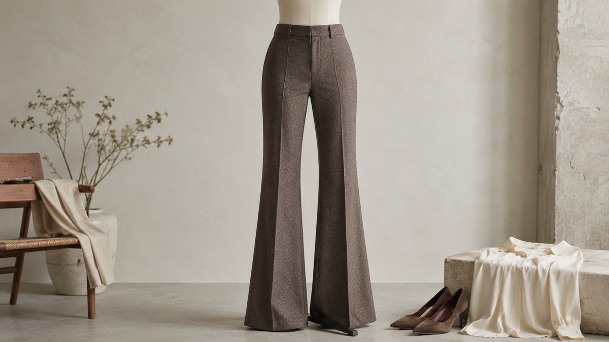 Brown tailored flare pants on a display form in a neutral studio