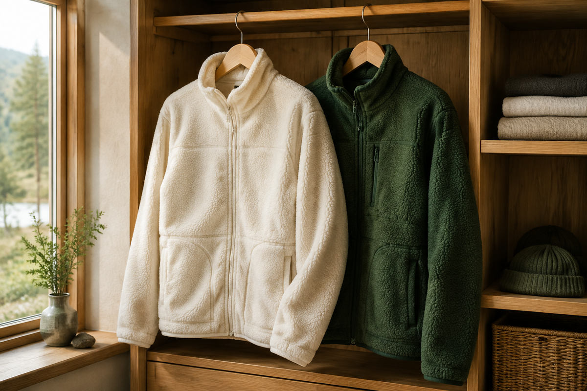 Cream and green fleece jackets displayed in a warm wooden wardrobe