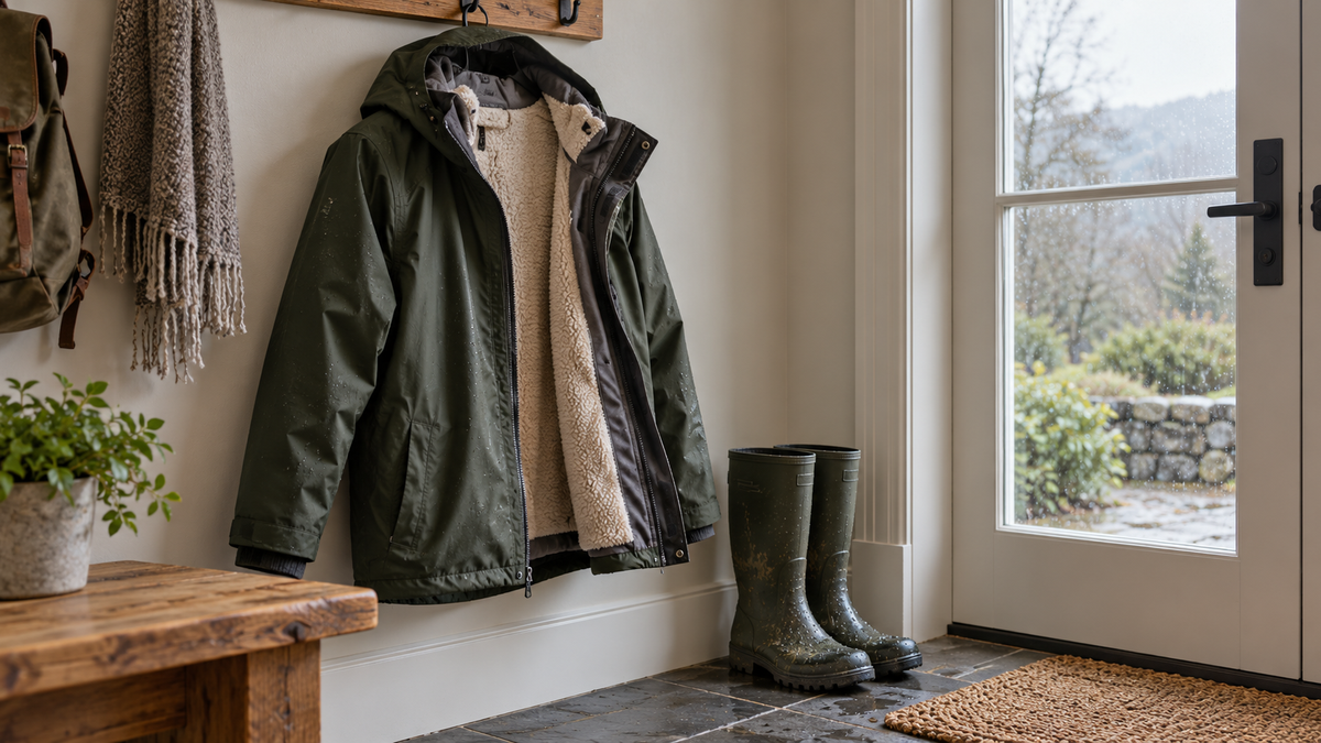 Dark green fleece lined hooded jacket hanging beside rain boots in a bright entryway