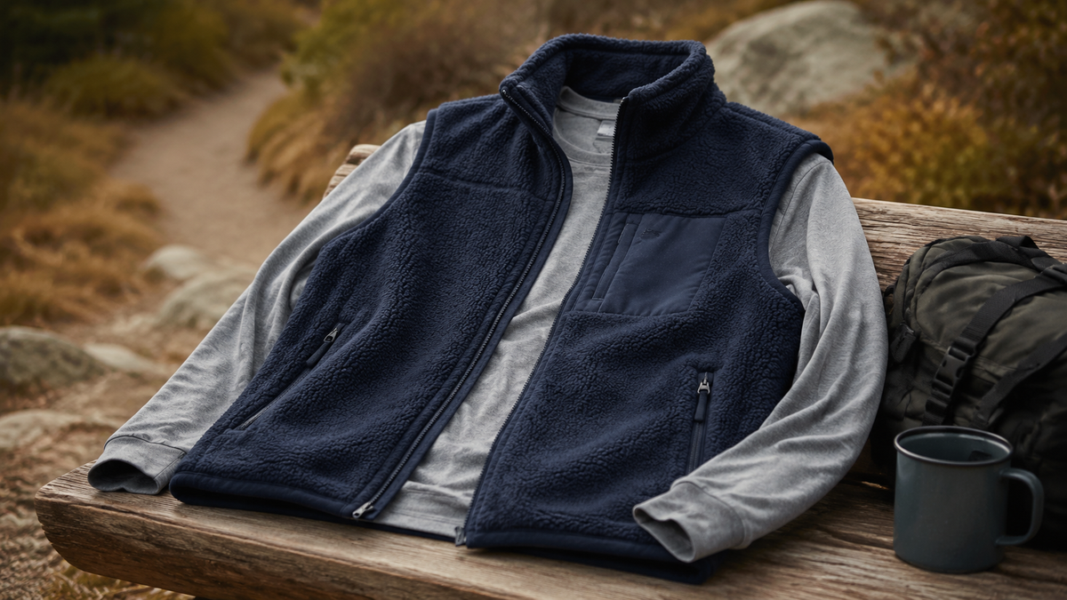 Plain fleece vest layered for an outdoor setting