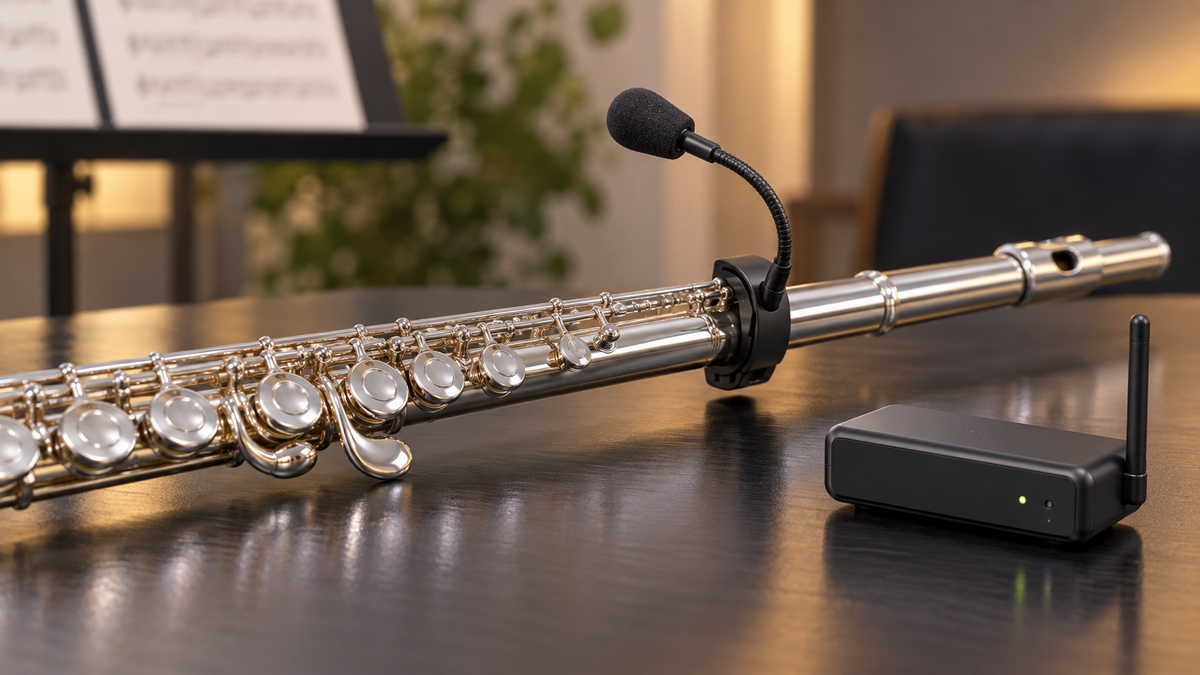 Wireless clip microphone and receiver beside a concert flute