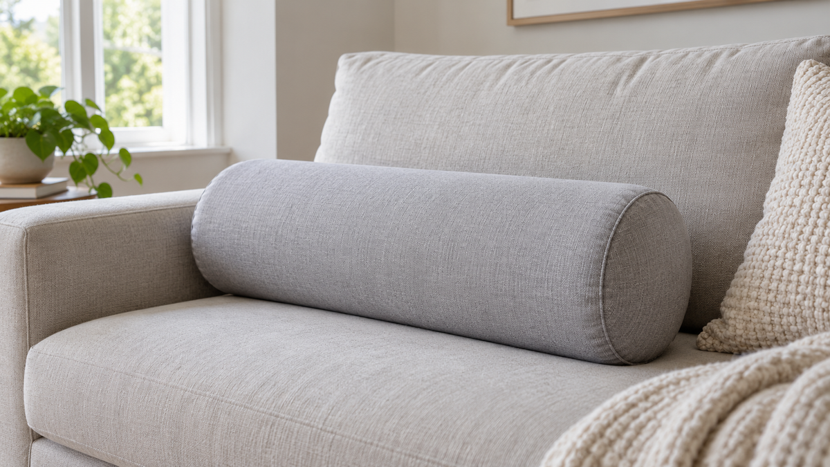 Unbranded cylindrical foam bolster pillow on a simple neutral sofa