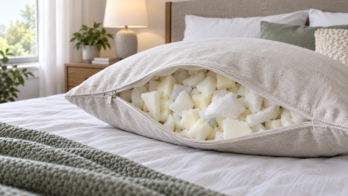 Unbranded pillow opened slightly to show clean foam chip filling