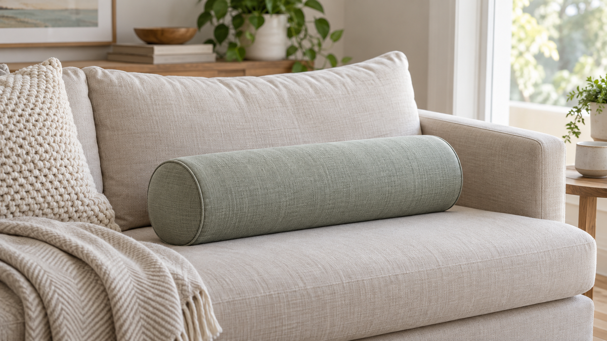 Unbranded cylindrical foam roll pillow with removable cover on a neutral sofa