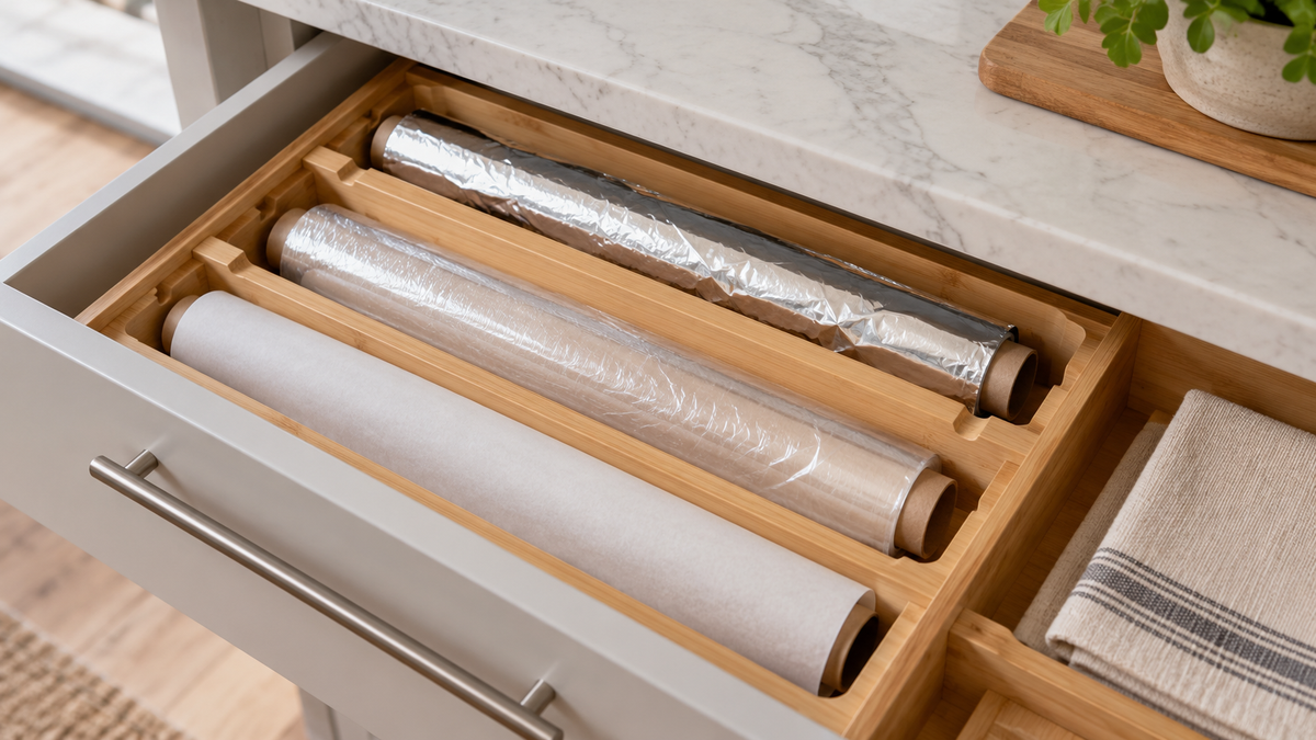 Foil and plastic wrap rolls arranged in a kitchen drawer organizer