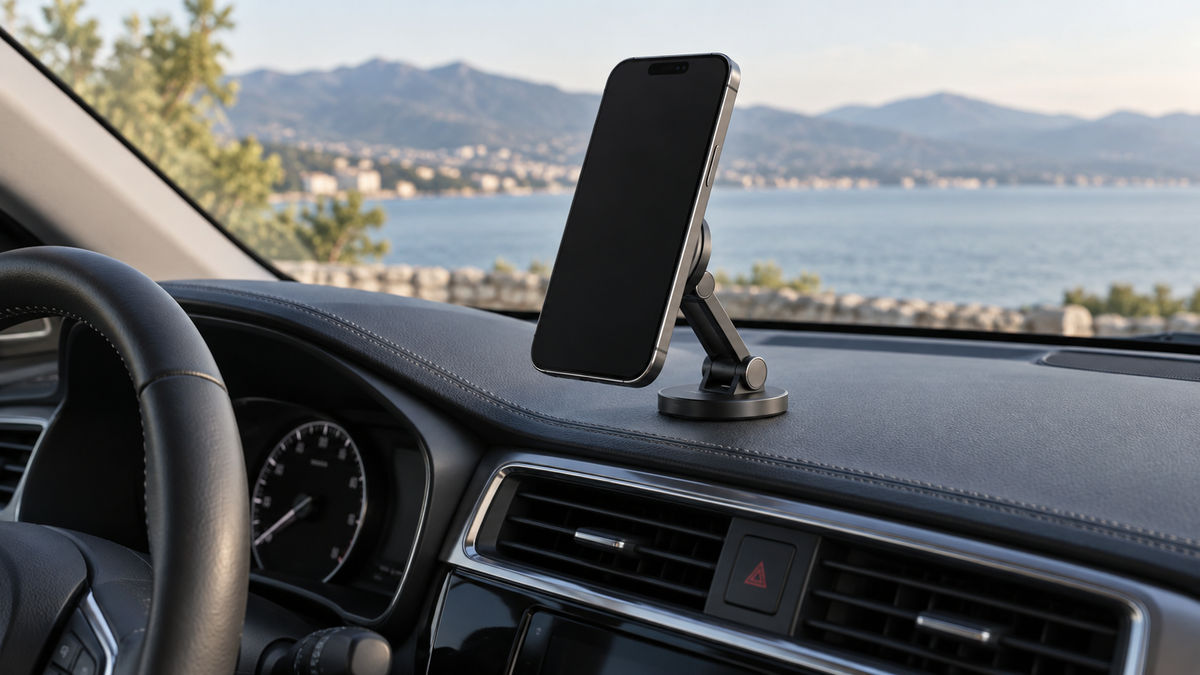 Unbranded foldable magnetic phone mount holding a blank-screen phone on a parked car dashboard