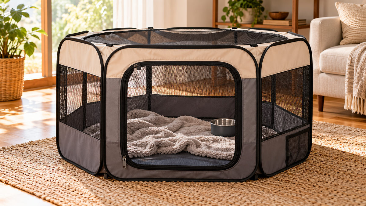 A foldable mesh pet playpen set up indoors with a blanket and water bowl