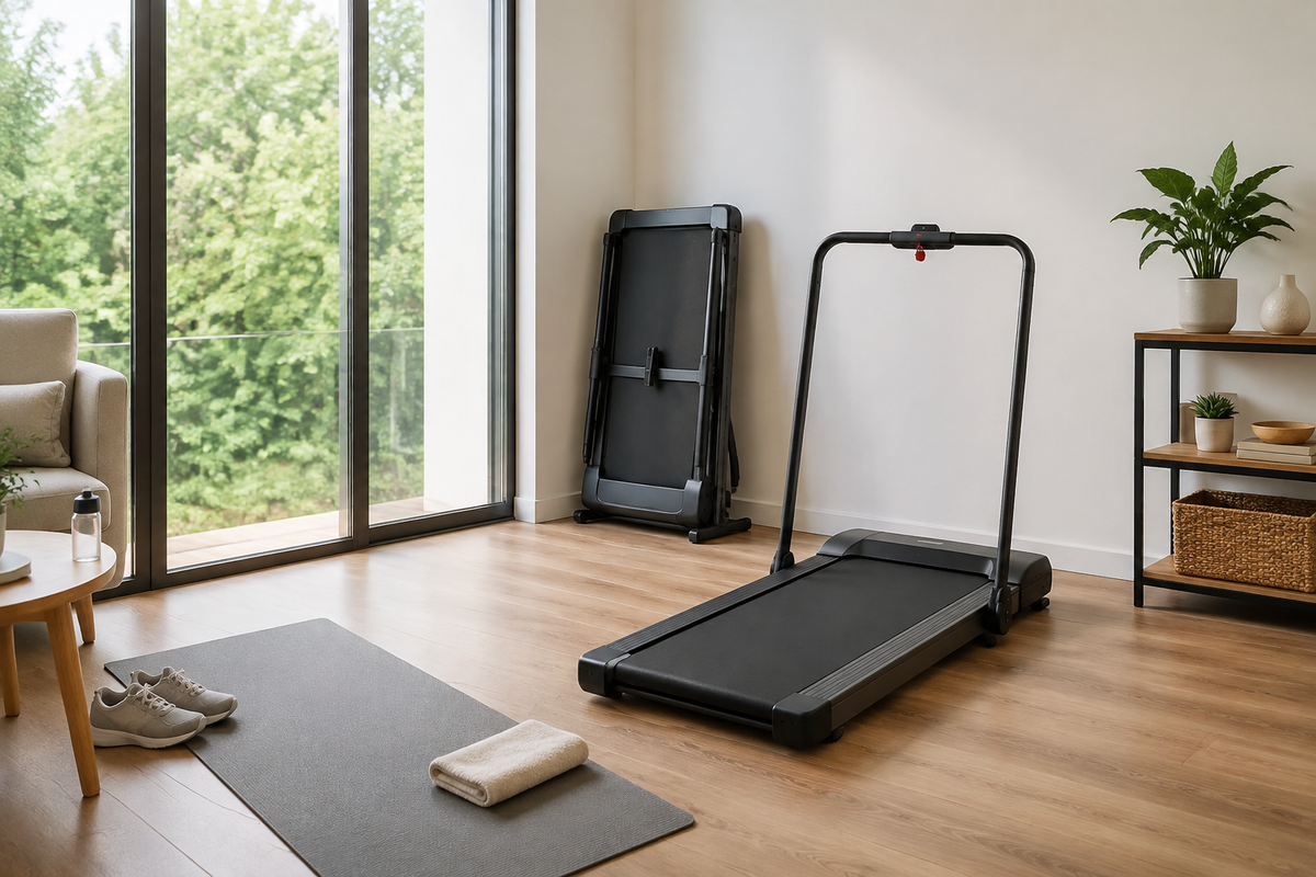 Compact foldable treadmill shown in a bright apartment workout corner
