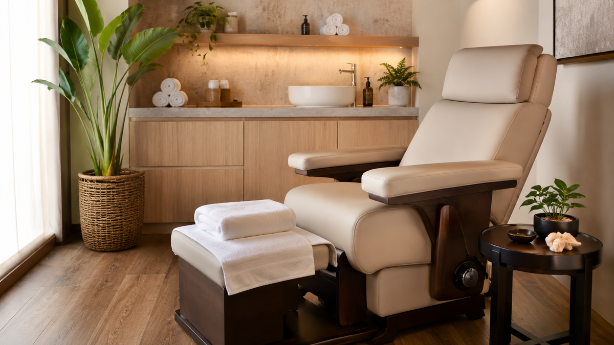 Clean professional foot massage room with an empty chair and fresh towels