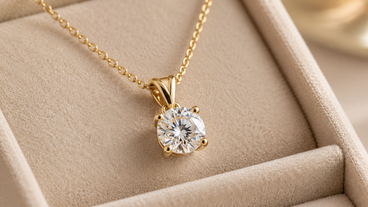 Clear solitaire stone in a four prong gold tone pendant on a fine chain