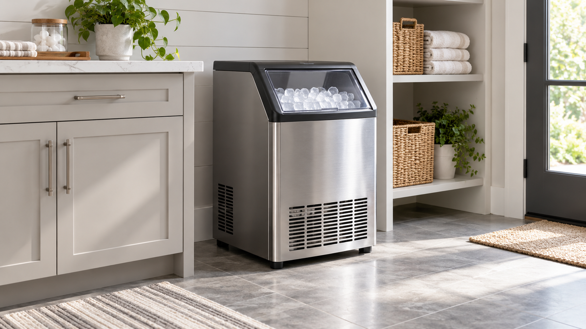 Freestanding ice maker positioned in a bright modern home utility area